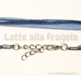 Collana in organza e cotone cerato blu 43cm con catena di allungamento toni argentati