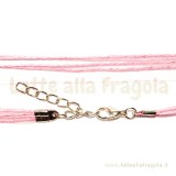 Collana in organza e cotone cerato rosa 43cm e catena allungamento toni argentati