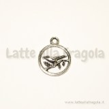 Charm in metallo zincato argento antico uccellino su ramo cornice tonda 20mm