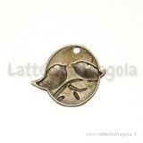 Ciondolo ovale in metallo color bronzo uccellini su ramo 29x25mm