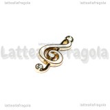 Ciondolo Chiave di Violino in metallo dorato smaltato bianco e strass 22x10mm