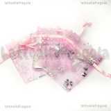 5 Sacchetti in organza rosa fiori argentati 50x70mm circa
