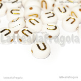 10 Perle a gettone lettera U in acrilico bianco con lettere oro 7x3.5mm