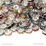 10 Rondelle in rame Silver Plated Strass colori misti 8x4mm