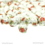 5 Perle in Ceramica bianca fiore rosso 6mm