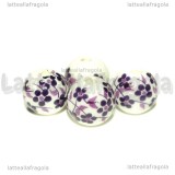 Perla in ceramica bianca con fiori viola 12mm	
