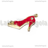 Ciondolo Scarpa con Tacco 3D in metallo dorato smaltato rosso e strass 25x5x11mm